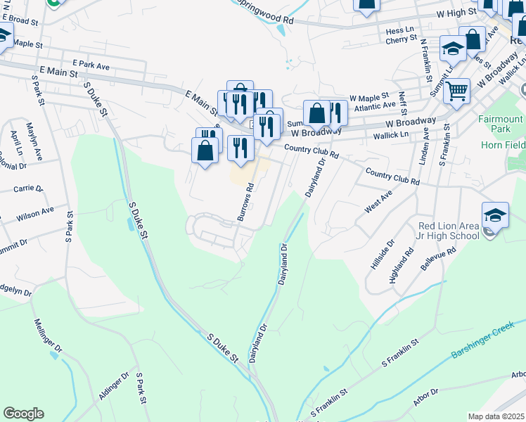 map of restaurants, bars, coffee shops, grocery stores, and more near 170 Country Ridge Drive in Red Lion