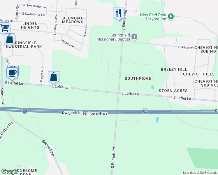 map of restaurants, bars, coffee shops, grocery stores, and more near 2399 South Burnett Road in Springfield