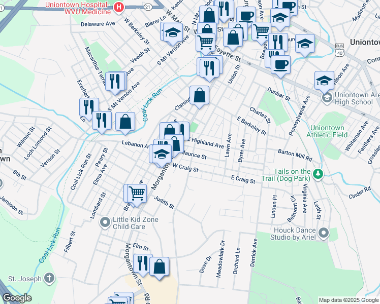 map of restaurants, bars, coffee shops, grocery stores, and more near 212 Union Street in Uniontown