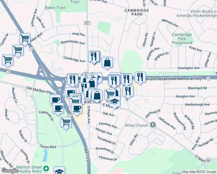 map of restaurants, bars, coffee shops, grocery stores, and more near 24 Cooper Avenue in Evesham