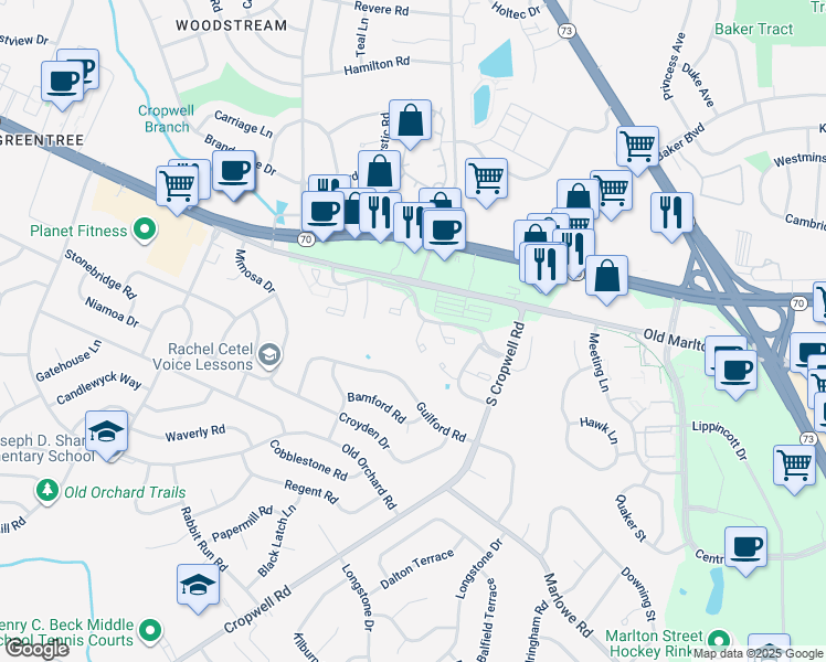 map of restaurants, bars, coffee shops, grocery stores, and more near 252 Griscom Court in Evesham Township