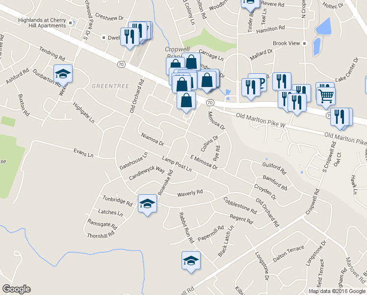 map of restaurants, bars, coffee shops, grocery stores, and more near 22 East Split Rock Drive in Cherry Hill