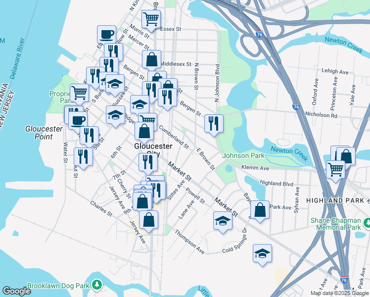 map of restaurants, bars, coffee shops, grocery stores, and more near in Gloucester City