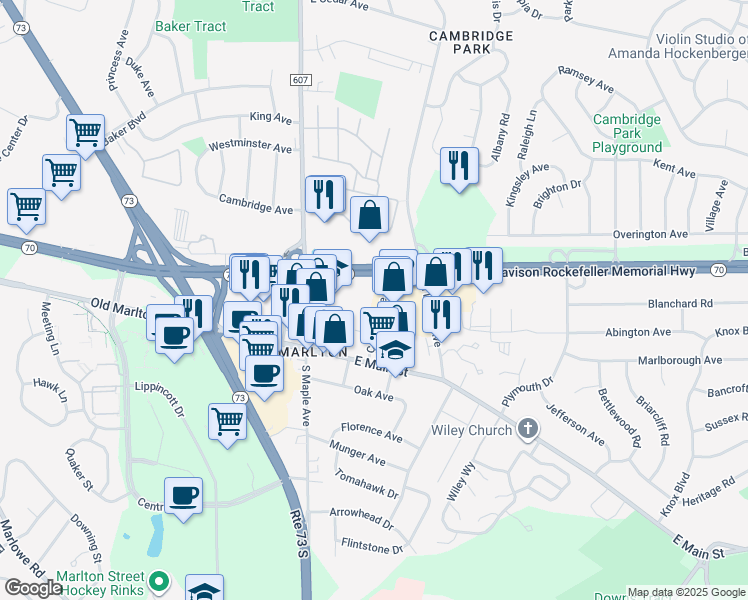 map of restaurants, bars, coffee shops, grocery stores, and more near 24 Cooper Avenue in Evesham
