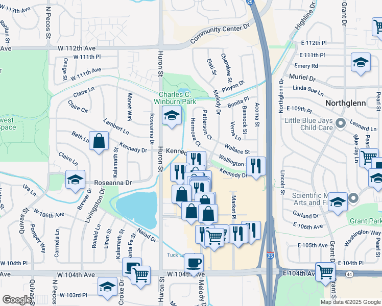 map of restaurants, bars, coffee shops, grocery stores, and more near 555 Kennedy Drive in Northglenn