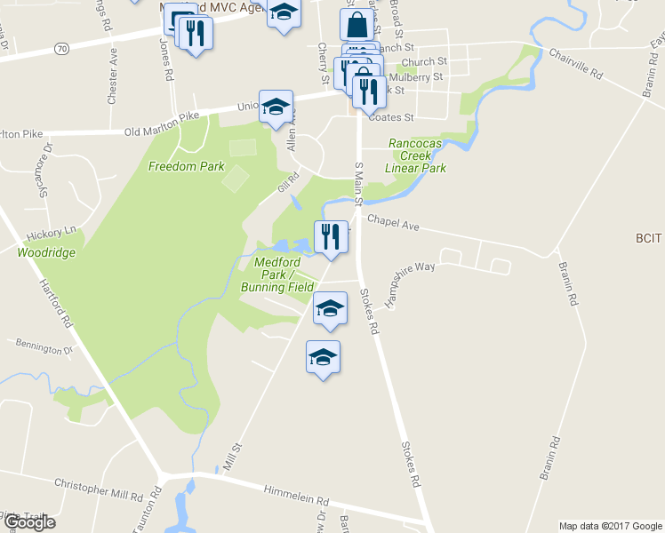 map of restaurants, bars, coffee shops, grocery stores, and more near 25 Mill Street in Medford