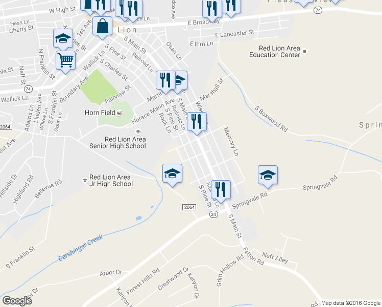 map of restaurants, bars, coffee shops, grocery stores, and more near 615 South Pine Street in Red Lion