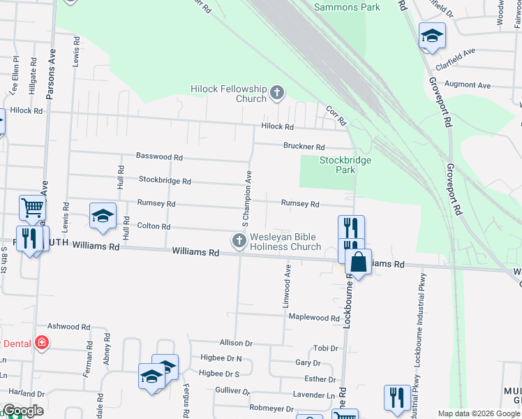 map of restaurants, bars, coffee shops, grocery stores, and more near 3484 South Champion Avenue in Columbus