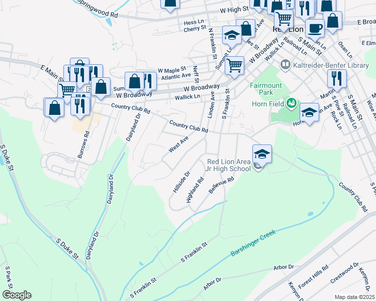 map of restaurants, bars, coffee shops, grocery stores, and more near 304 Linden Avenue in Red Lion