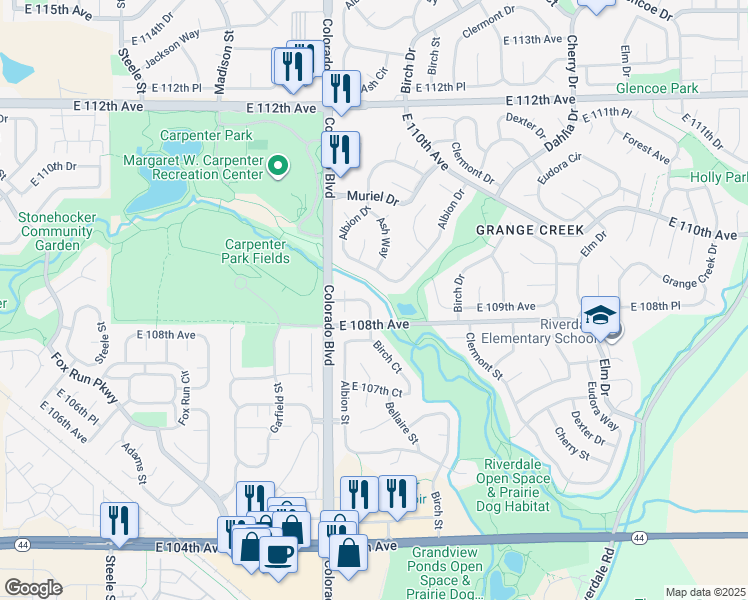 map of restaurants, bars, coffee shops, grocery stores, and more near 4120 East 109th Place in Thornton