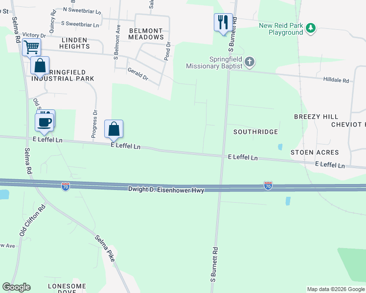 map of restaurants, bars, coffee shops, grocery stores, and more near 2340 East Leffel Lane in Springfield