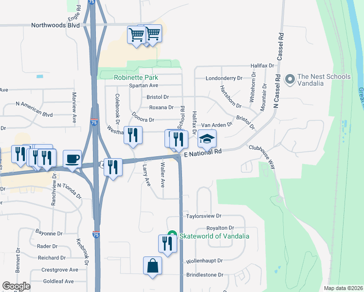 map of restaurants, bars, coffee shops, grocery stores, and more near 911 East National Road in Vandalia