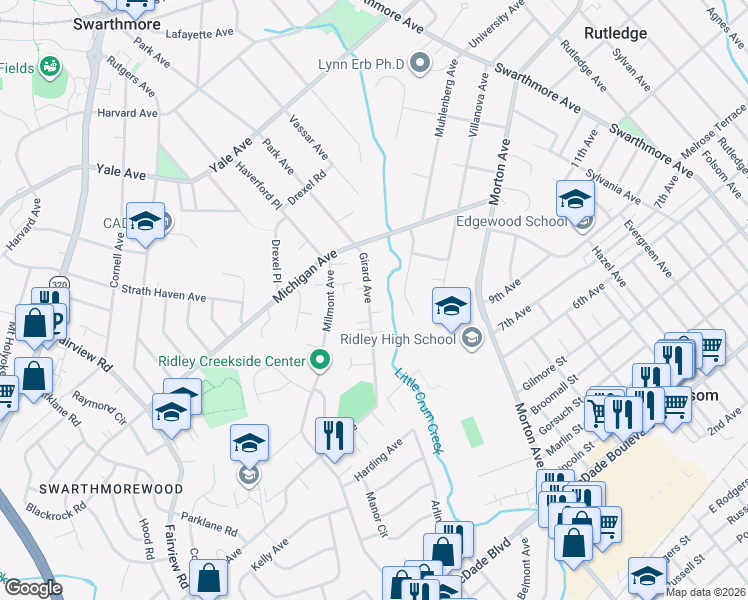 map of restaurants, bars, coffee shops, grocery stores, and more near 912 Girard Avenue in Swarthmore