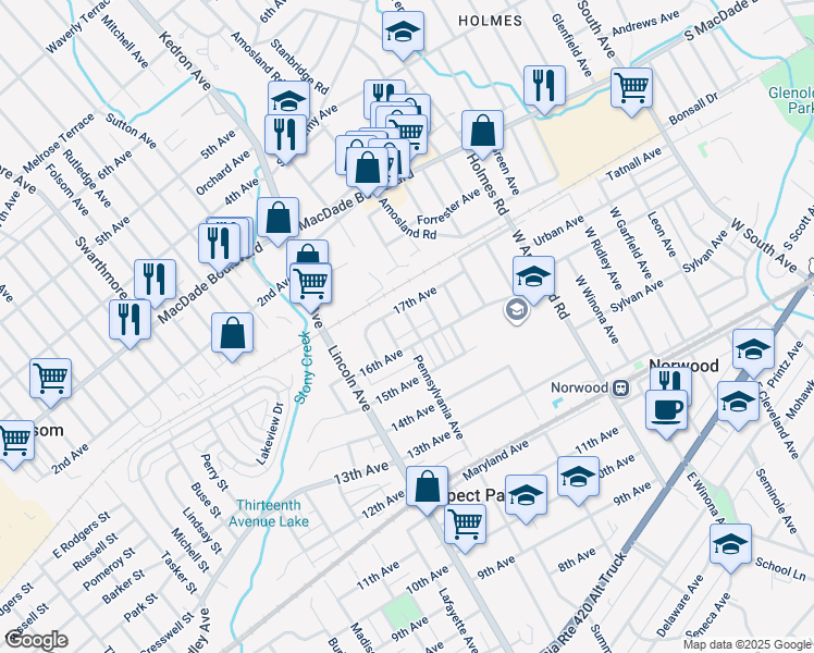 map of restaurants, bars, coffee shops, grocery stores, and more near 1618 Yagle Avenue in Prospect Park