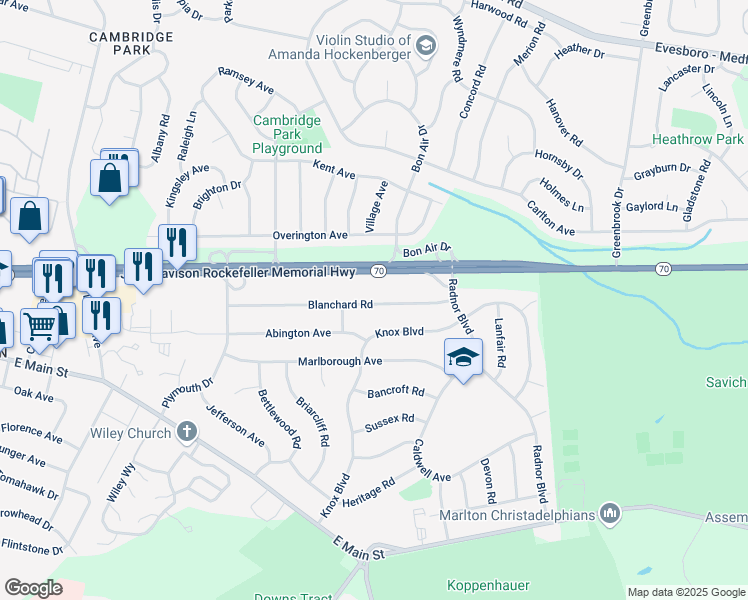 map of restaurants, bars, coffee shops, grocery stores, and more near 49 Blanchard Road in Evesham Township