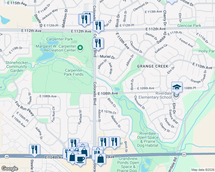 map of restaurants, bars, coffee shops, grocery stores, and more near 4120 East 109th Place in Thornton