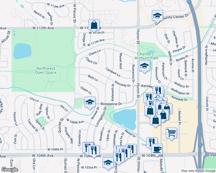 map of restaurants, bars, coffee shops, grocery stores, and more near 10796 Livingston Drive in Northglenn