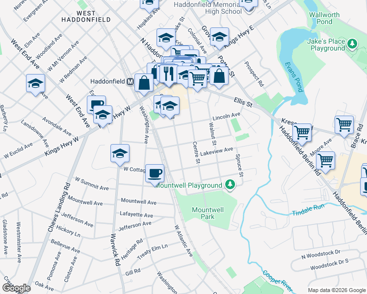 map of restaurants, bars, coffee shops, grocery stores, and more near 216 Centre Street in Haddonfield
