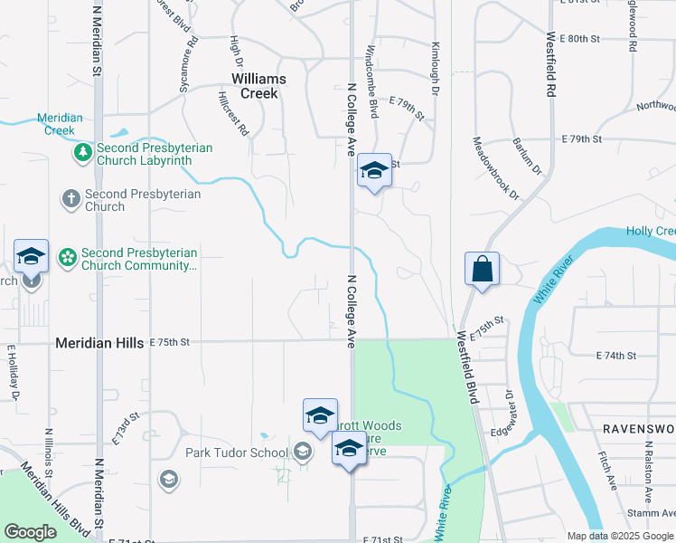 map of restaurants, bars, coffee shops, grocery stores, and more near 7590 Morningside Drive in Indianapolis