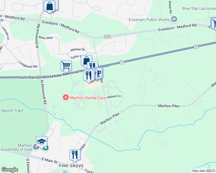 map of restaurants, bars, coffee shops, grocery stores, and more near 175 Daphne Drive in Evesham Township