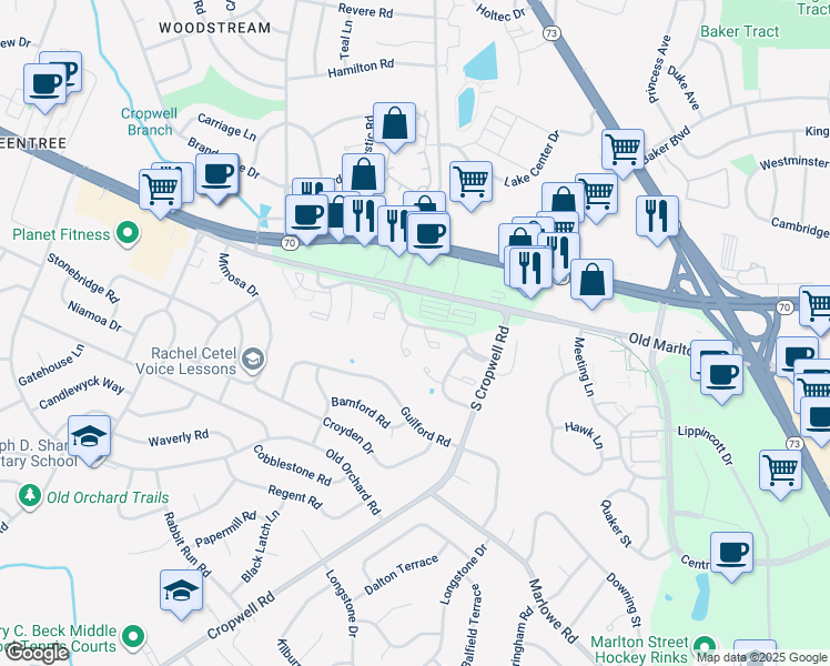 map of restaurants, bars, coffee shops, grocery stores, and more near 38 Keegan Court in Evesham