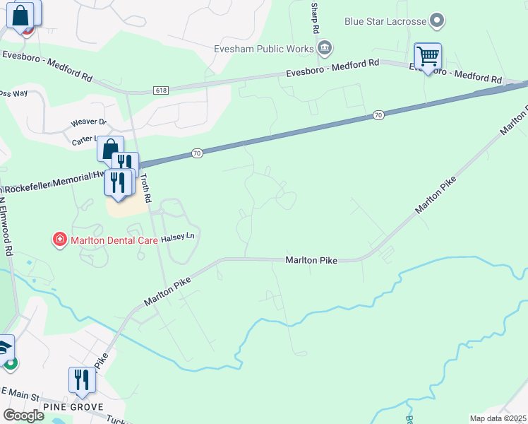 map of restaurants, bars, coffee shops, grocery stores, and more near 905 Rabbit Run Road in Evesham Township