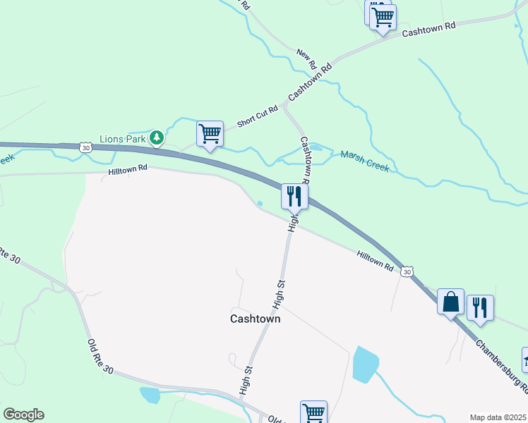 map of restaurants, bars, coffee shops, grocery stores, and more near 1750 Hilltown Road in Biglerville