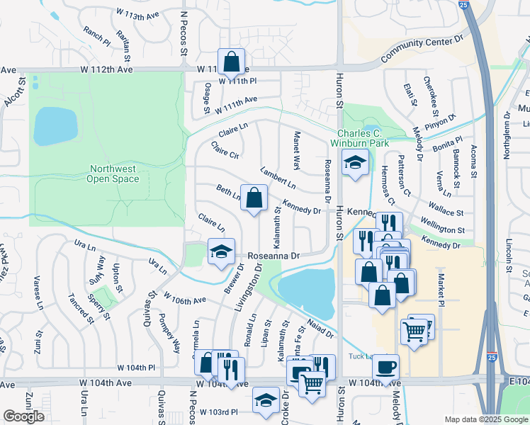 map of restaurants, bars, coffee shops, grocery stores, and more near 10796 Livingston Drive in Northglenn