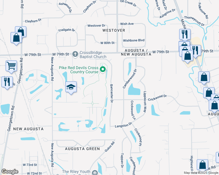 map of restaurants, bars, coffee shops, grocery stores, and more near 7619 Bancaster Drive in Indianapolis