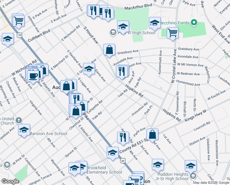 map of restaurants, bars, coffee shops, grocery stores, and more near 138 Lafayette Road in Audubon