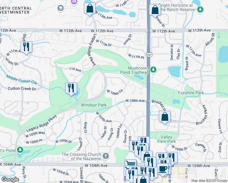 map of restaurants, bars, coffee shops, grocery stores, and more near 3342 West 109th Circle in Westminster