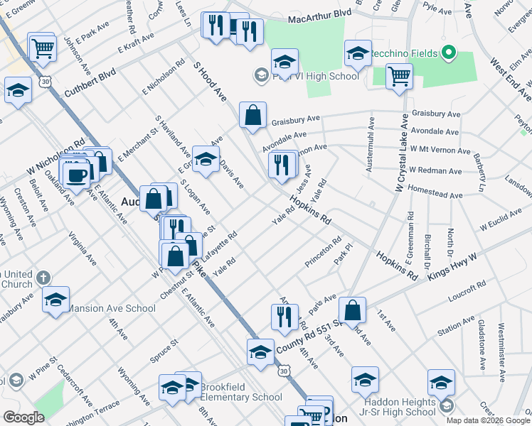 map of restaurants, bars, coffee shops, grocery stores, and more near 138 Lafayette Road in Audubon