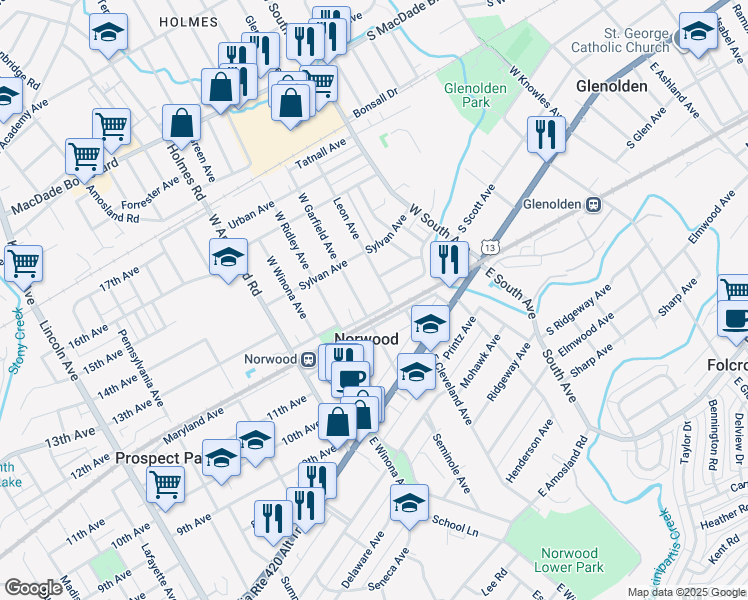 map of restaurants, bars, coffee shops, grocery stores, and more near 221 Harrison Avenue in Norwood