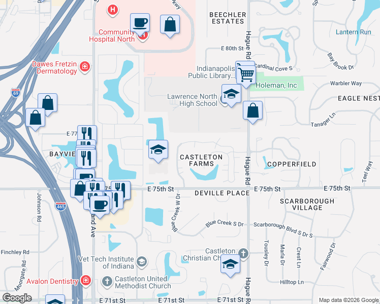 map of restaurants, bars, coffee shops, grocery stores, and more near 7329 Prairie Lake Drive in Indianapolis