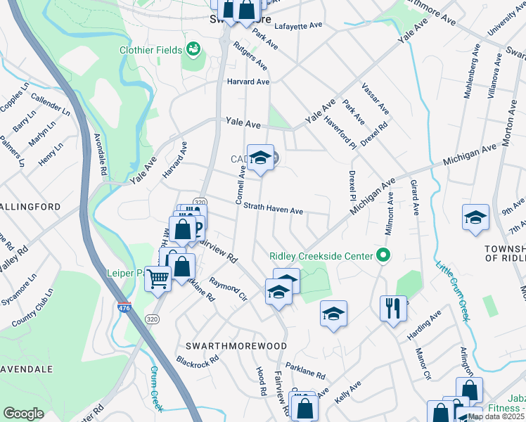 map of restaurants, bars, coffee shops, grocery stores, and more near 501 Rutgers Avenue in Swarthmore