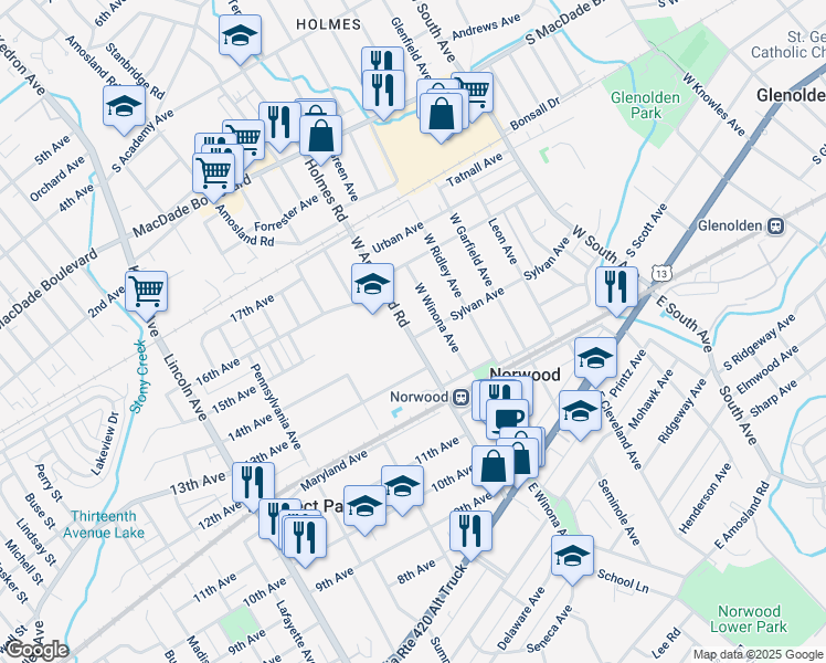 map of restaurants, bars, coffee shops, grocery stores, and more near 207 West Amosland Road in Norwood