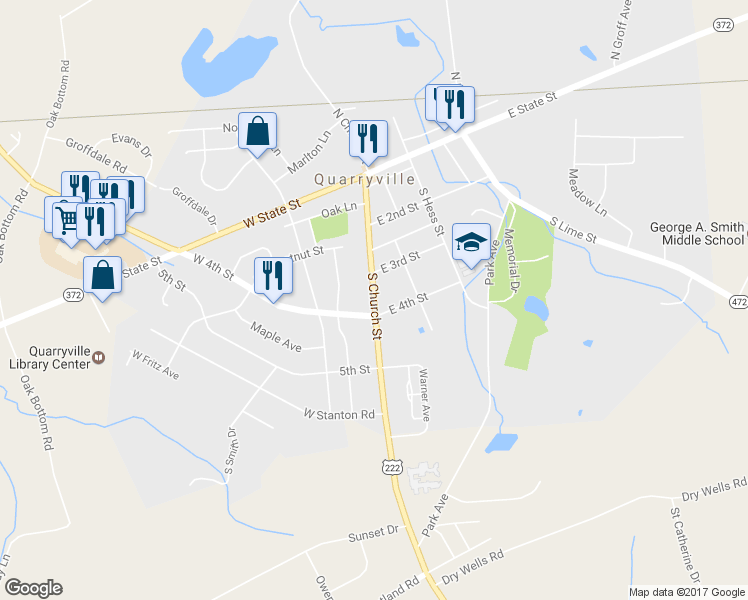 map of restaurants, bars, coffee shops, grocery stores, and more near 298 South Church Street in Quarryville