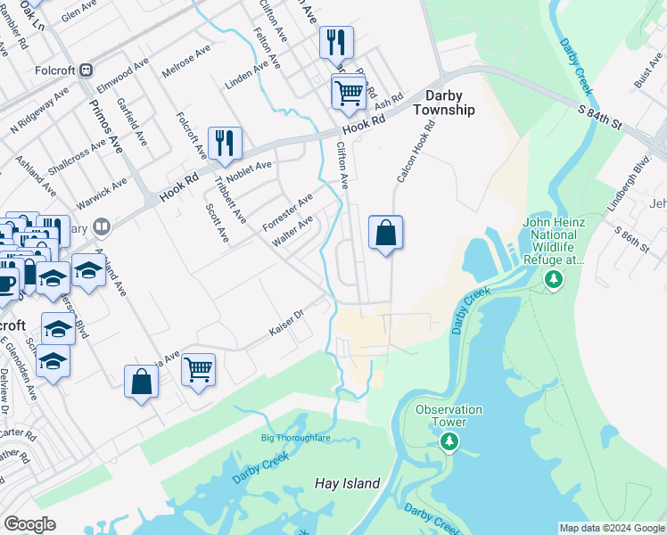 map of restaurants, bars, coffee shops, grocery stores, and more near 1542 Roosevelt Drive in Sharon Hill