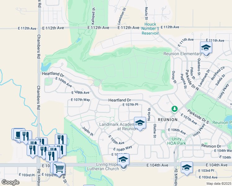 map of restaurants, bars, coffee shops, grocery stores, and more near 16120 Fairway Drive in Commerce City