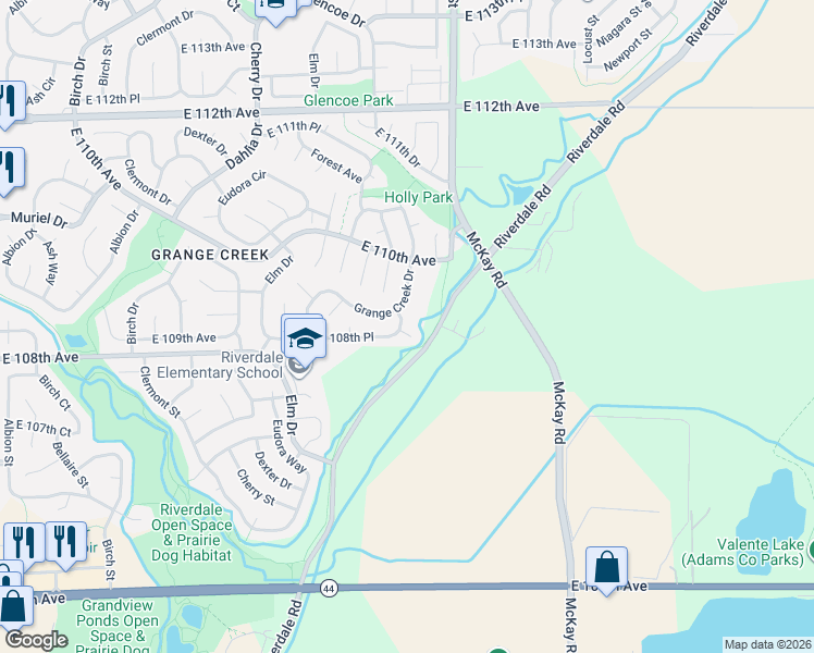 map of restaurants, bars, coffee shops, grocery stores, and more near 5392 East 108th Place in Thornton