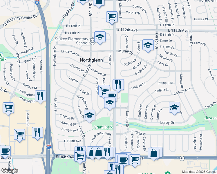 map of restaurants, bars, coffee shops, grocery stores, and more near 10814 Pearl Court in Northglenn