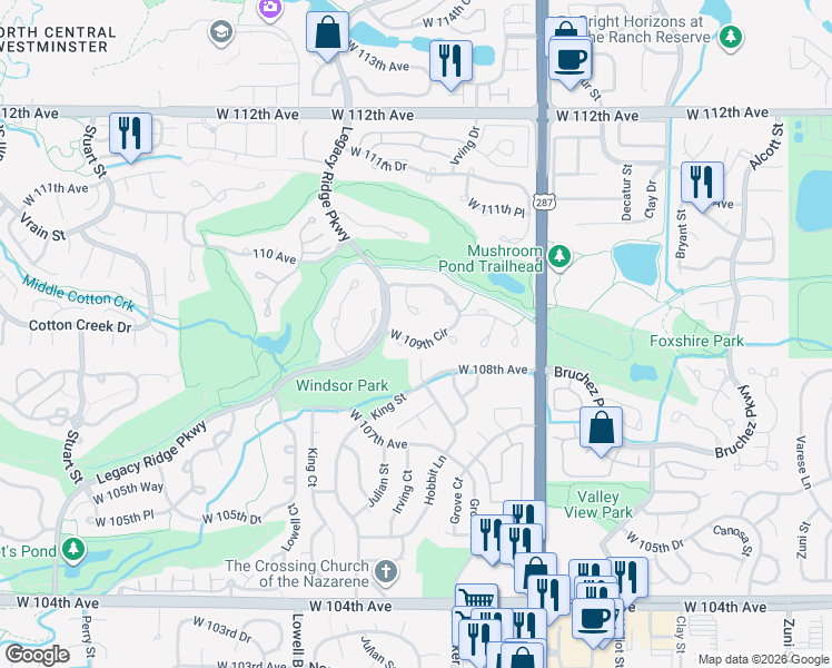 map of restaurants, bars, coffee shops, grocery stores, and more near 3342 West 109th Circle in Westminster