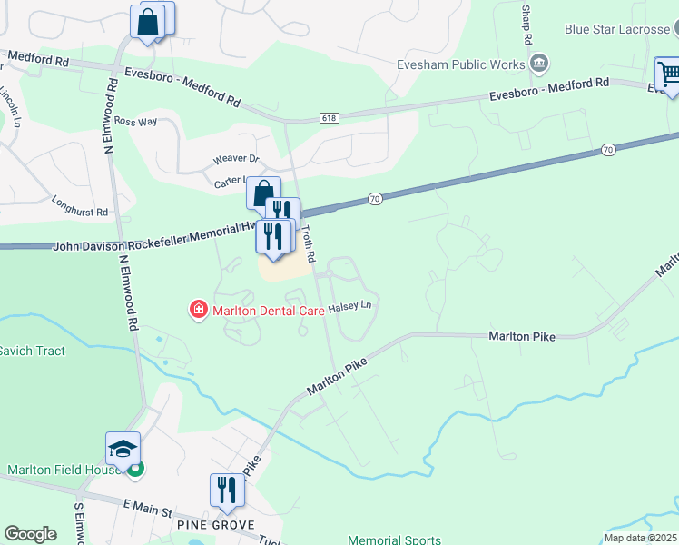 map of restaurants, bars, coffee shops, grocery stores, and more near 108 Daphne Drive in Evesham