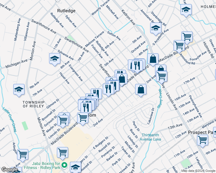 map of restaurants, bars, coffee shops, grocery stores, and more near 325 Ridley Avenue in Folsom
