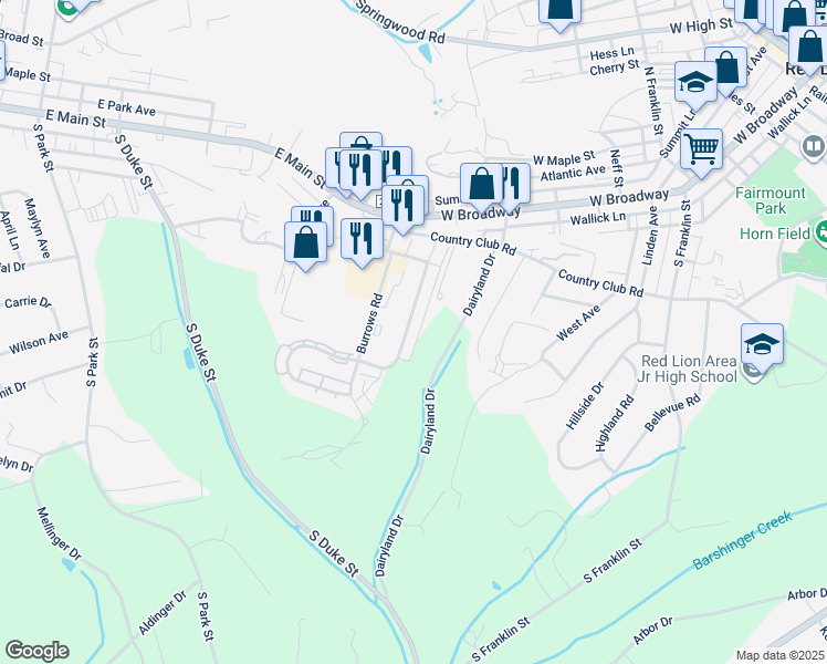 map of restaurants, bars, coffee shops, grocery stores, and more near 169 Country Ridge Drive in Red Lion