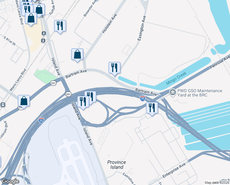 map of restaurants, bars, coffee shops, grocery stores, and more near Delaware Expressway in Philadelphia