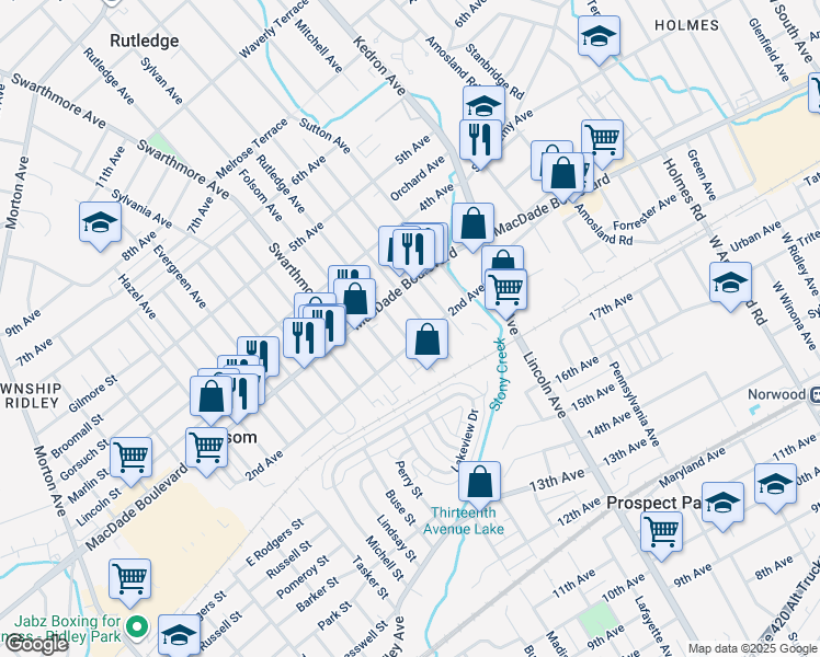 map of restaurants, bars, coffee shops, grocery stores, and more near 210 Rutledge Avenue in Folsom