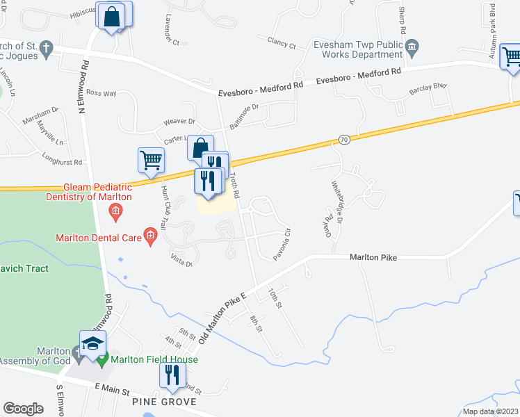 map of restaurants, bars, coffee shops, grocery stores, and more near 106 Daphne Drive in Evesham Township