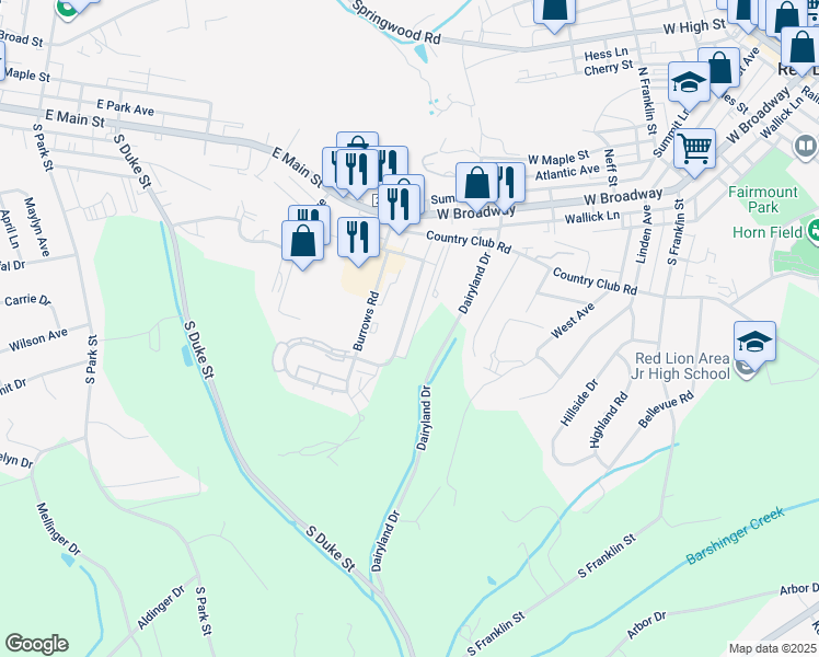 map of restaurants, bars, coffee shops, grocery stores, and more near 169 Country Ridge Drive in Red Lion
