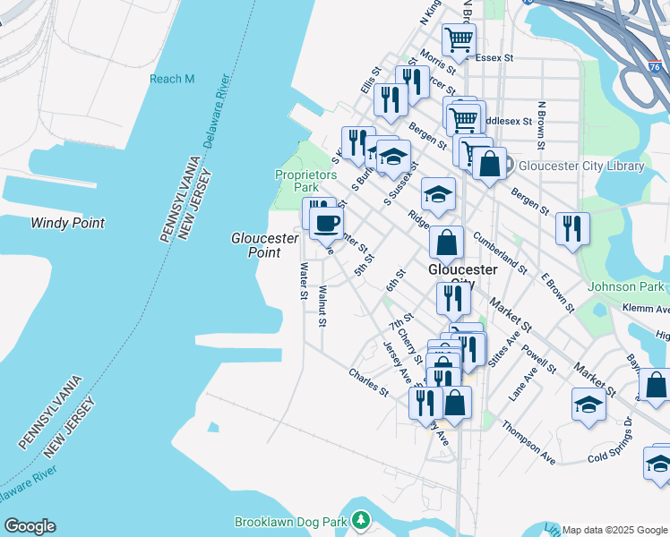 map of restaurants, bars, coffee shops, grocery stores, and more near 500 Jersey Avenue in Gloucester City